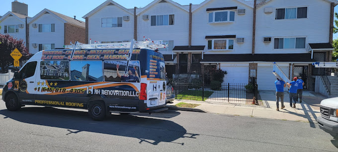 RH Roofing & Gutter Van infront of a job site in the Bronx, NY
